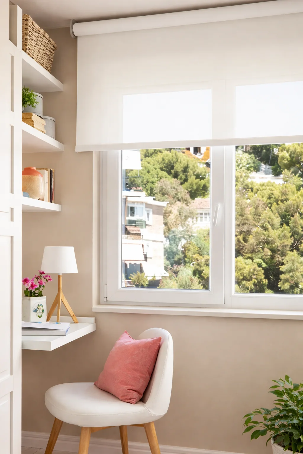 Estore interior de rolo em sala luminosa